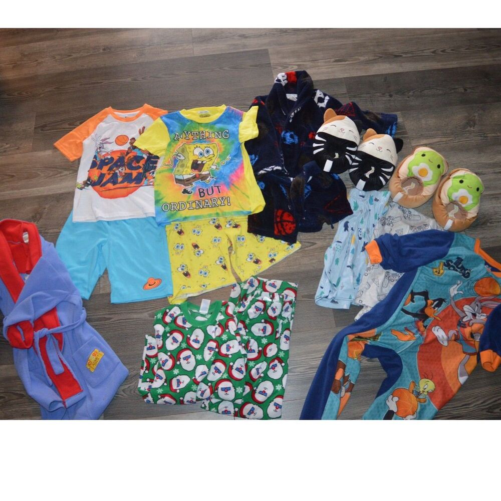 Boys lot of Pajamas Robes Squishmallows Slippers Space Jam Sponge Bob Xmas M/8